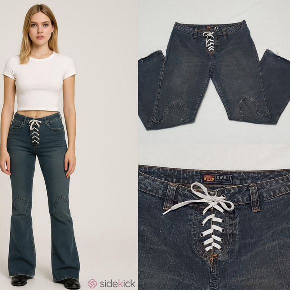 Vintage Denim - RARE Vintage Route 66 Lace-up Waist Western Dark Wash Low Rise Flare Jeans 14